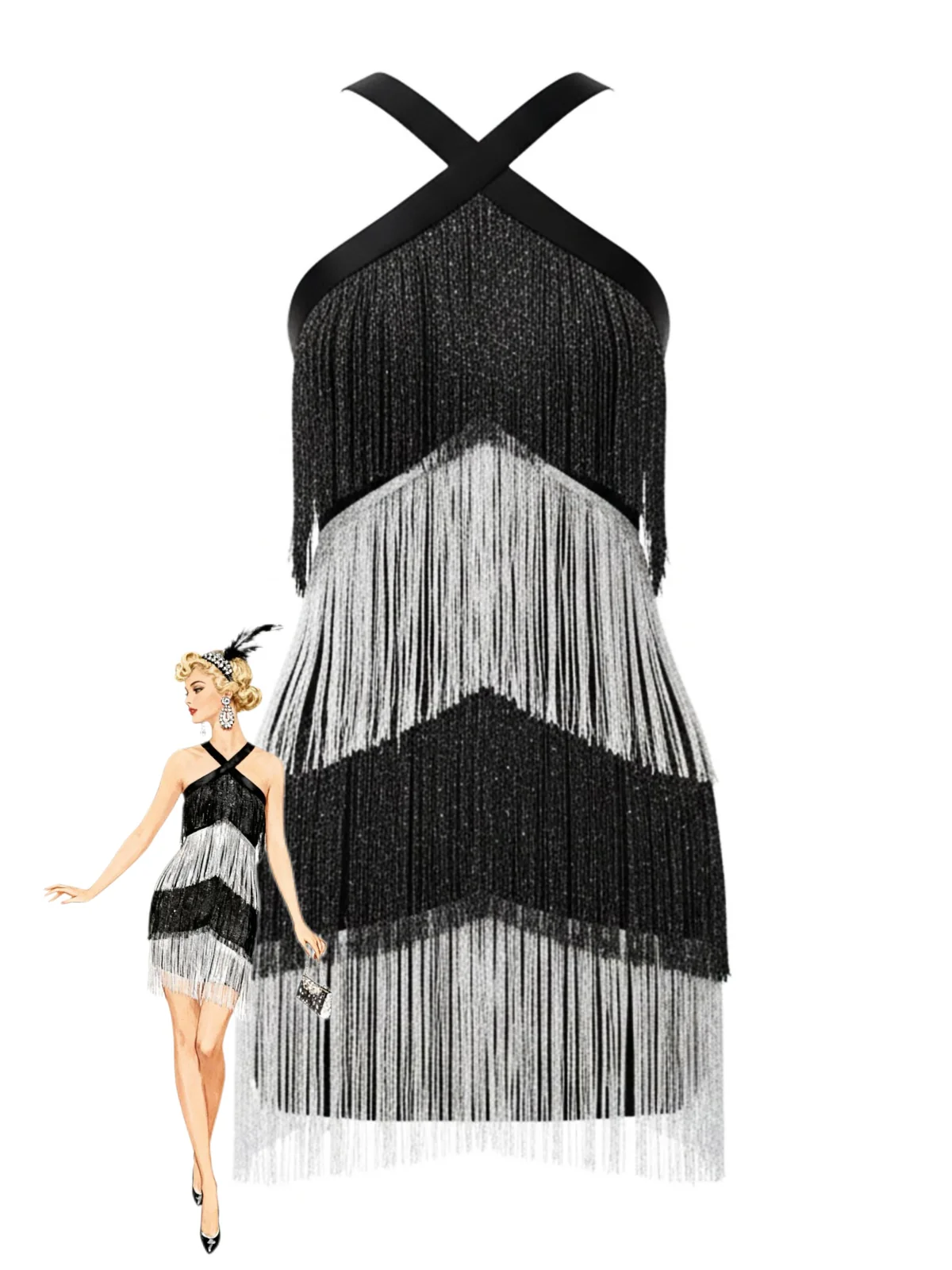 Black 1920s Strappy Fringe Sequin Cocktail Dress