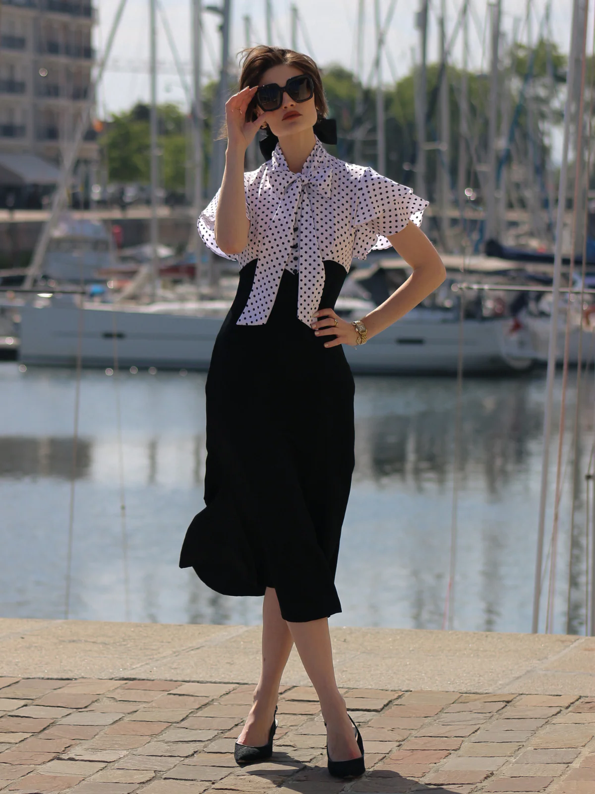 Black 1930s Dots Tie Neck Mermaid Dress