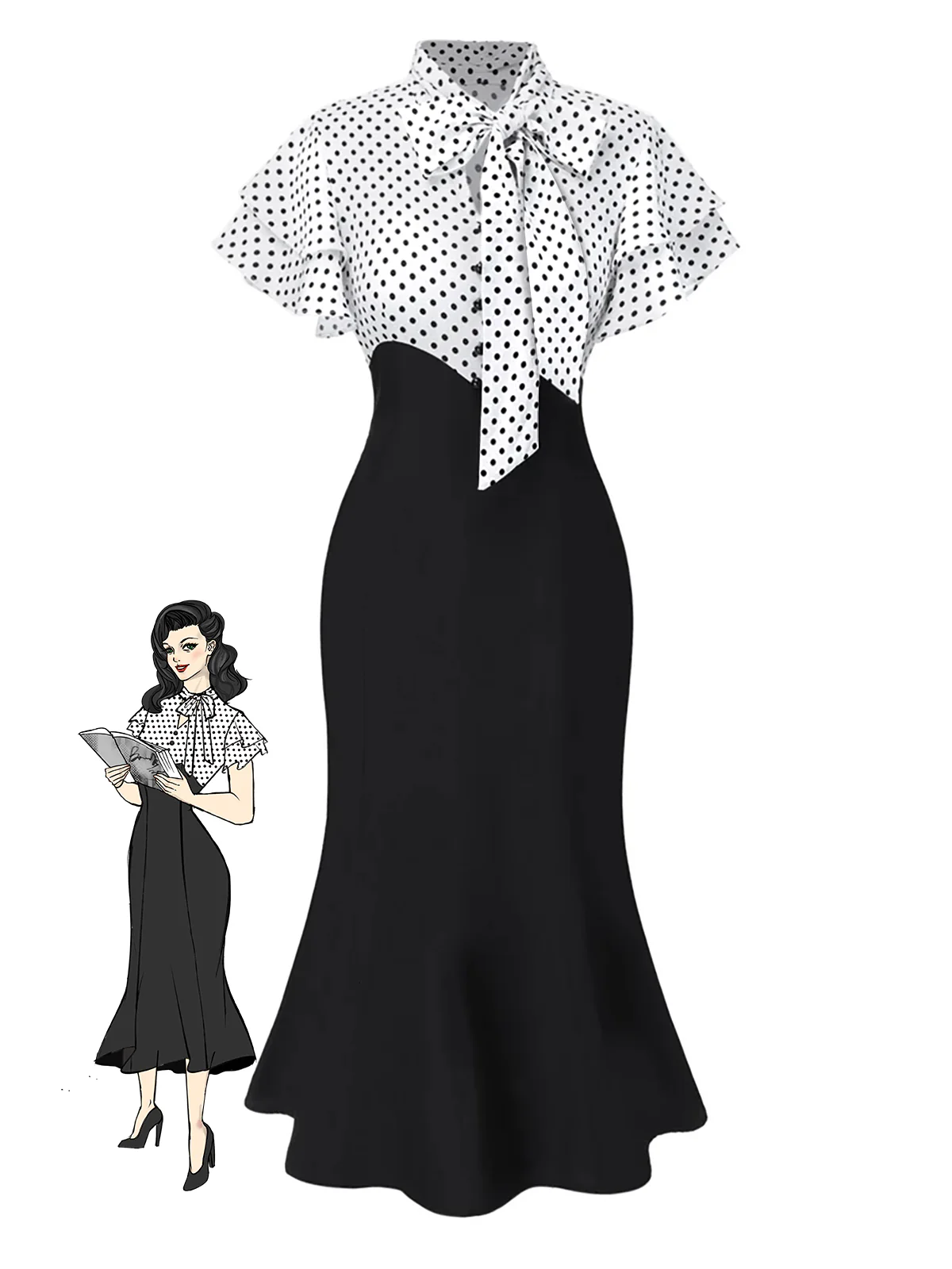 Black 1930s Dots Tie Neck Mermaid Dress - Image 2