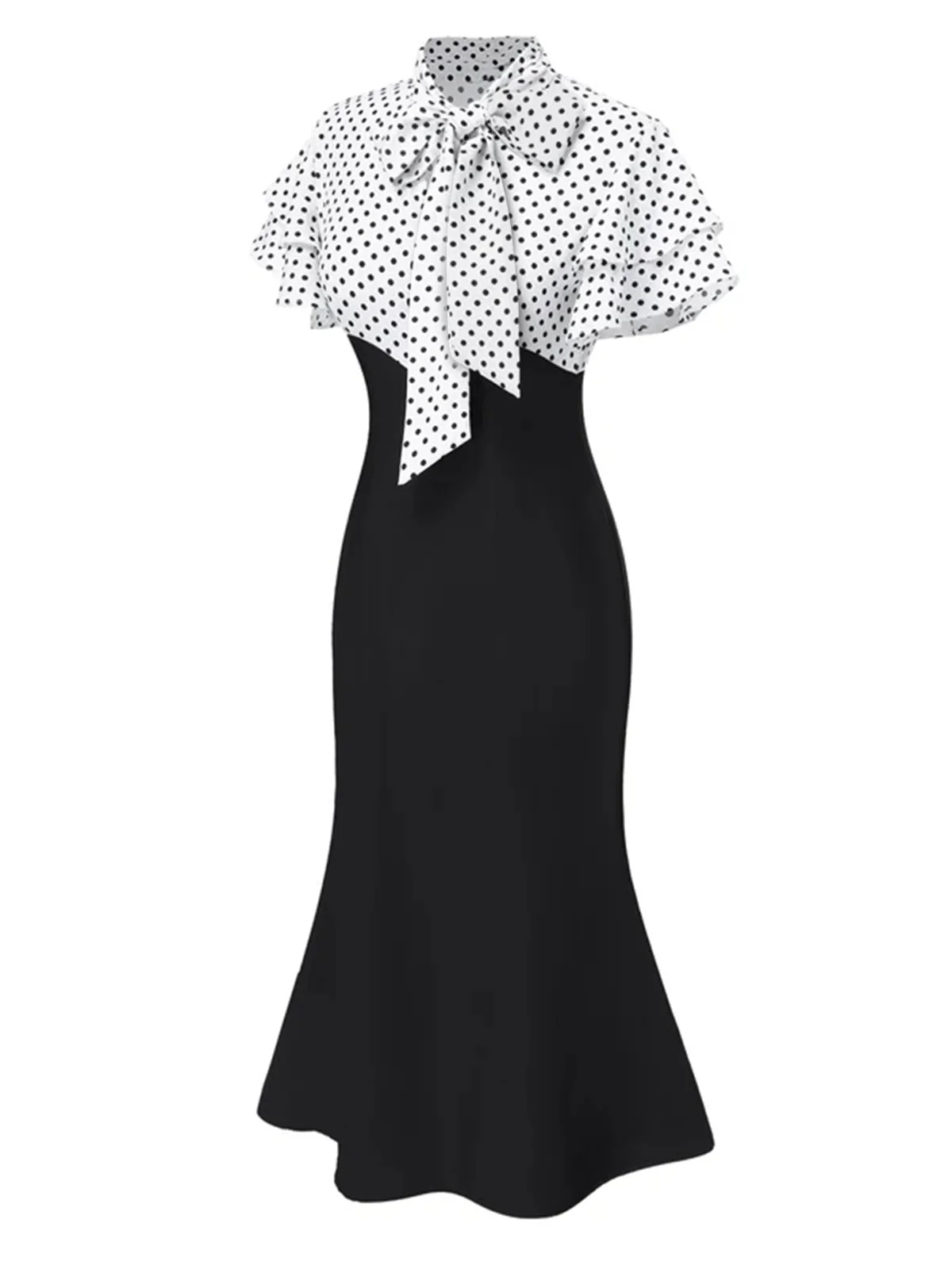 Black 1930s Dots Tie Neck Mermaid Dress - Image 4