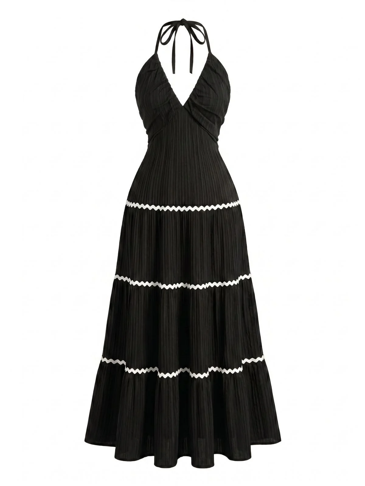 Black 1930s Halter Backless Colorblock Maxi Dress - Image 2