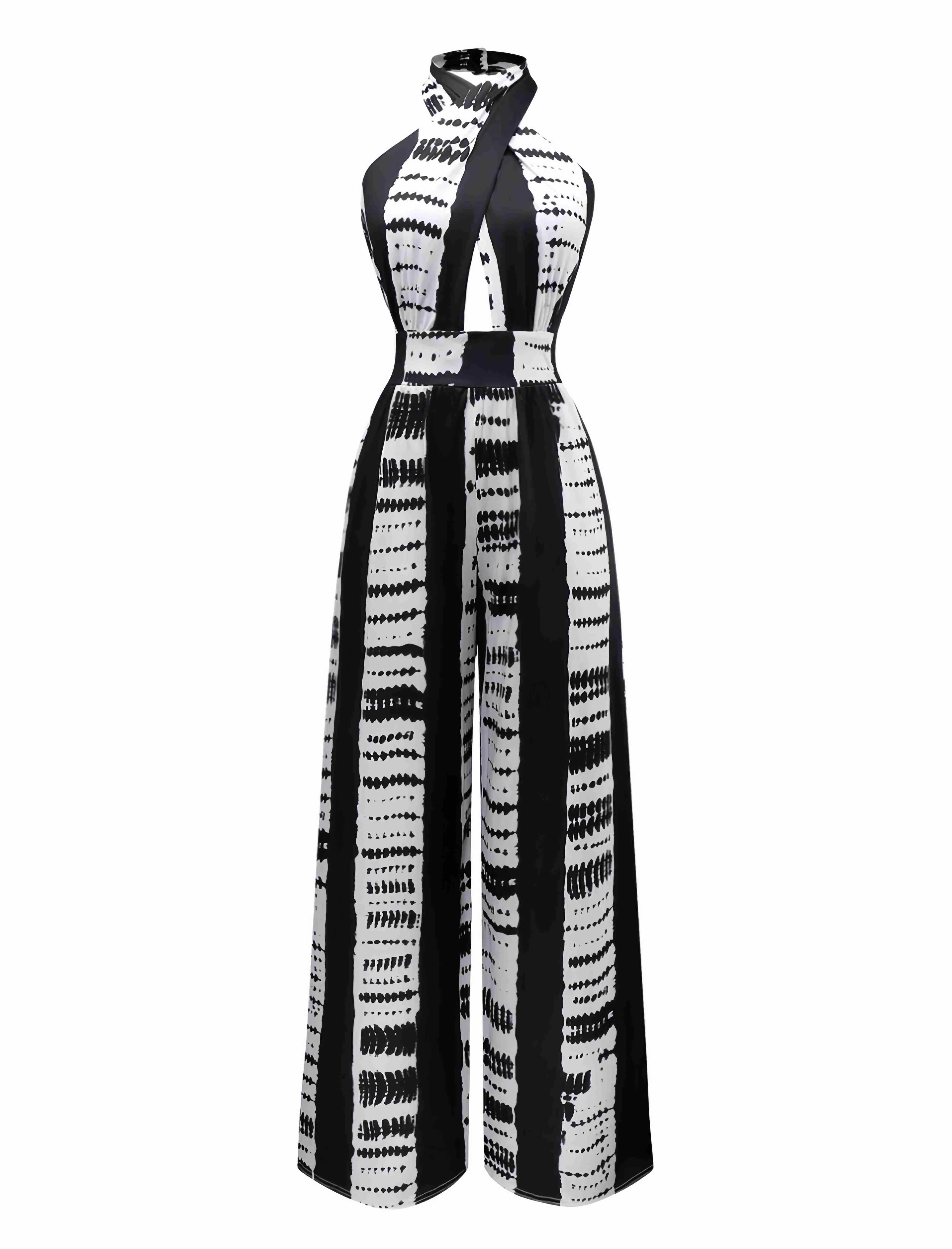 Black 1930s Ink Stains Cross Halter Jumpsuit