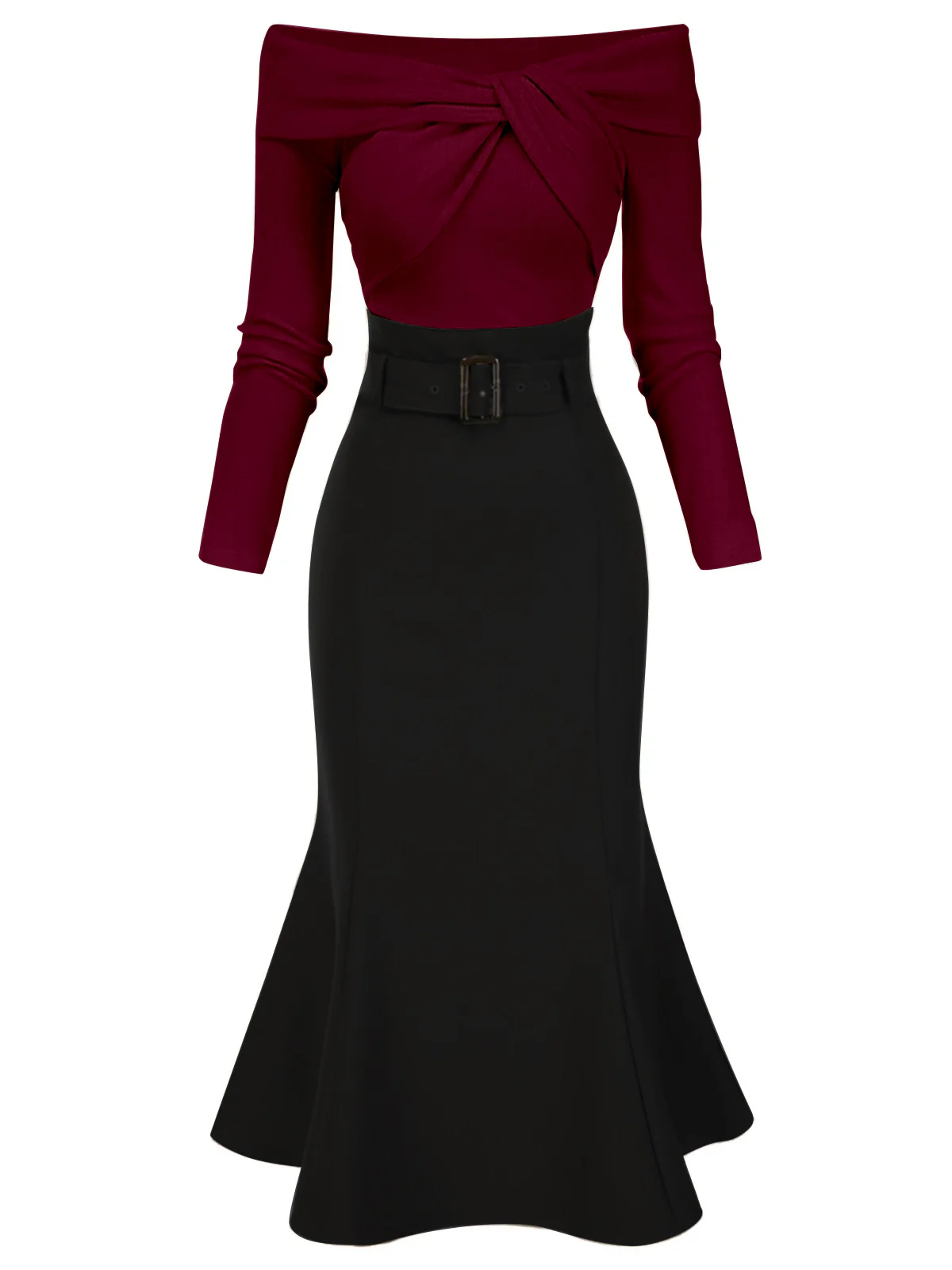 Black 1930s Off Shoulder Knit Belt Mermaid Dress