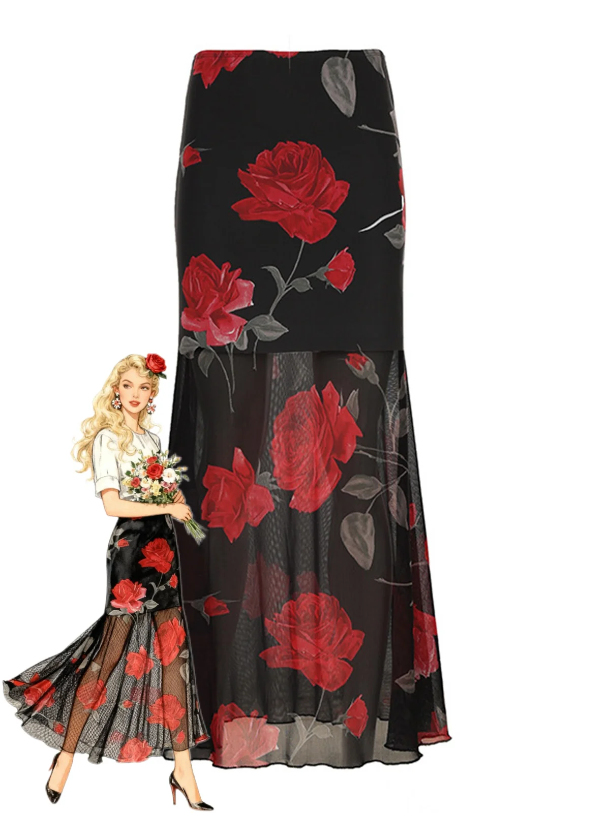 Black 1930s Rose Sheer Maxi Mermaid Skirt