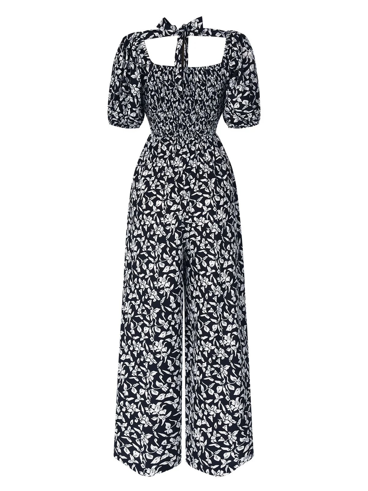 Black 1930s Square Neck Puff Floral Jumpsuit - Image 3