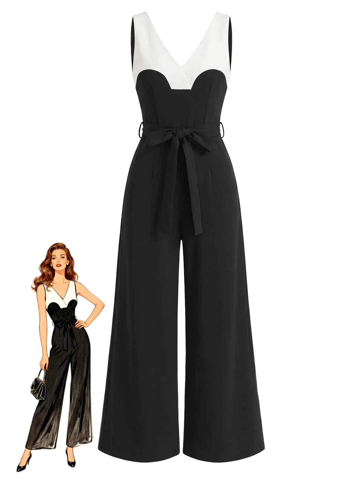 Black 1930s V-Neck Sleeveless Belted Wide Leg Jumpsuit