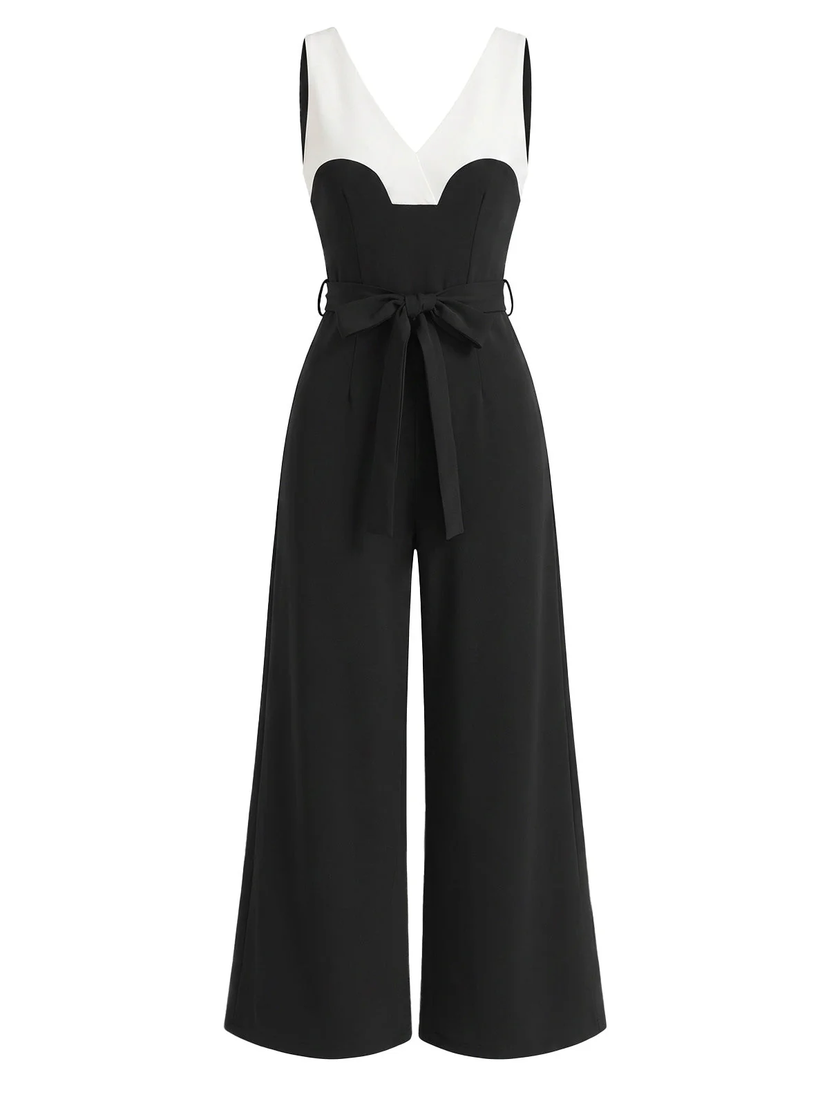 Black 1930s V-Neck Sleeveless Belted Wide Leg Jumpsuit - Image 2