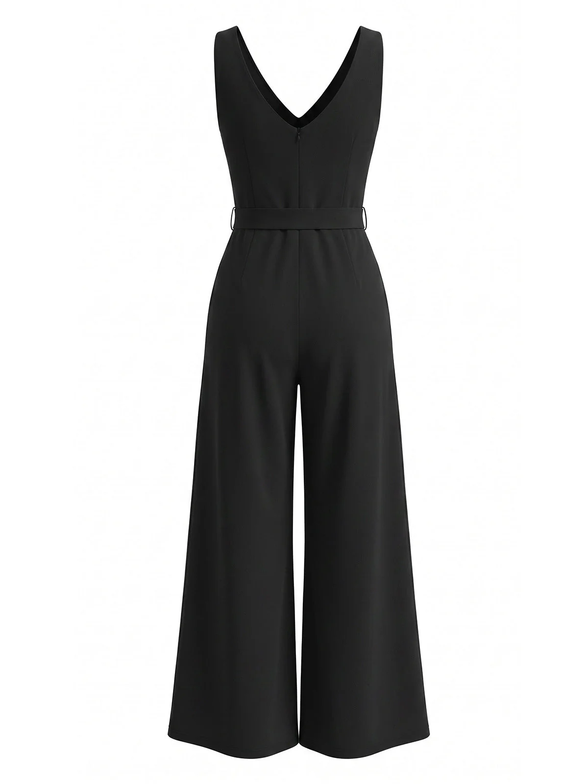 Black 1930s V-Neck Sleeveless Belted Wide Leg Jumpsuit - Image 3