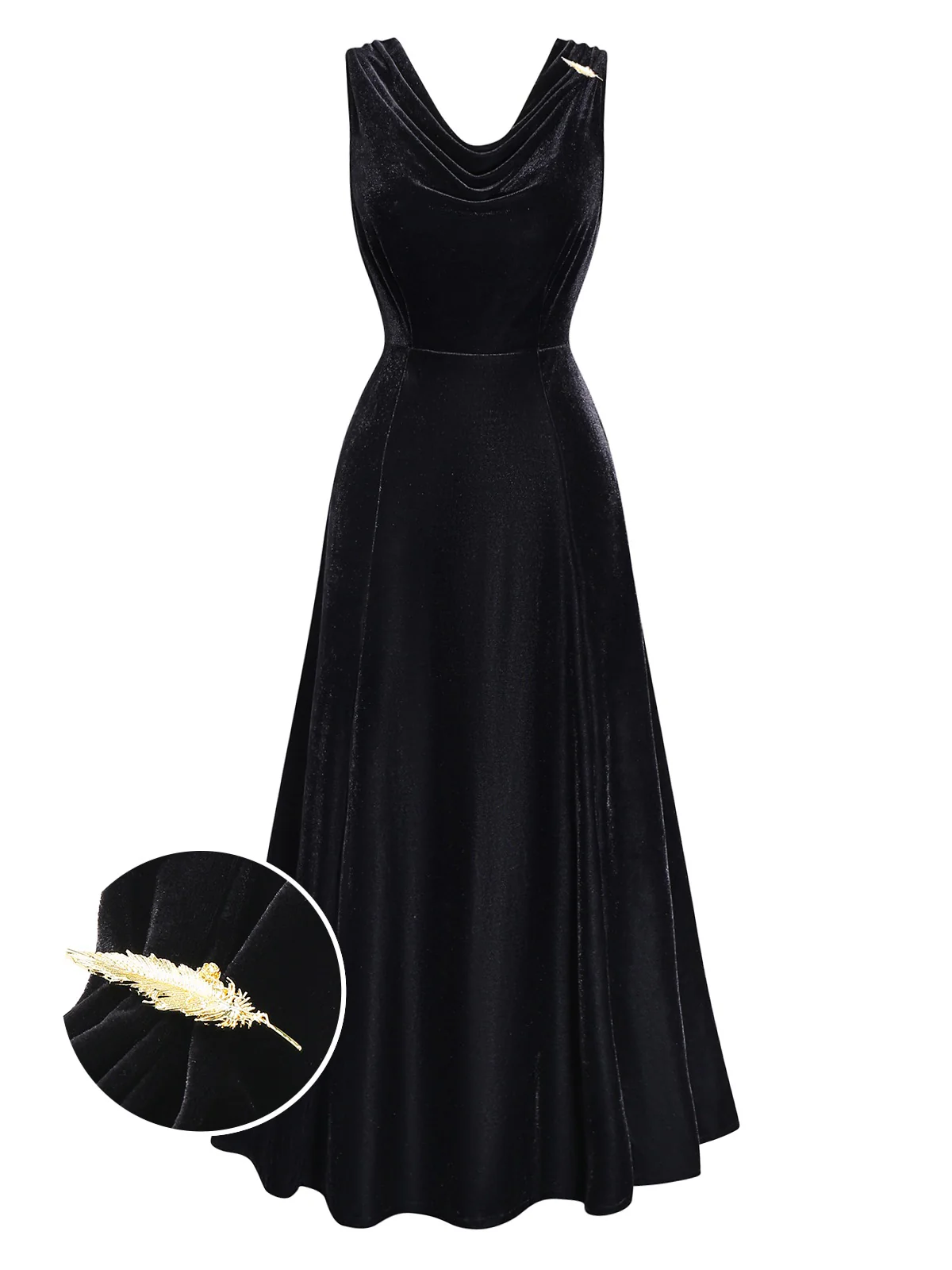 Black 1930s Velvet Cowl Neck Feather Brooch Dress