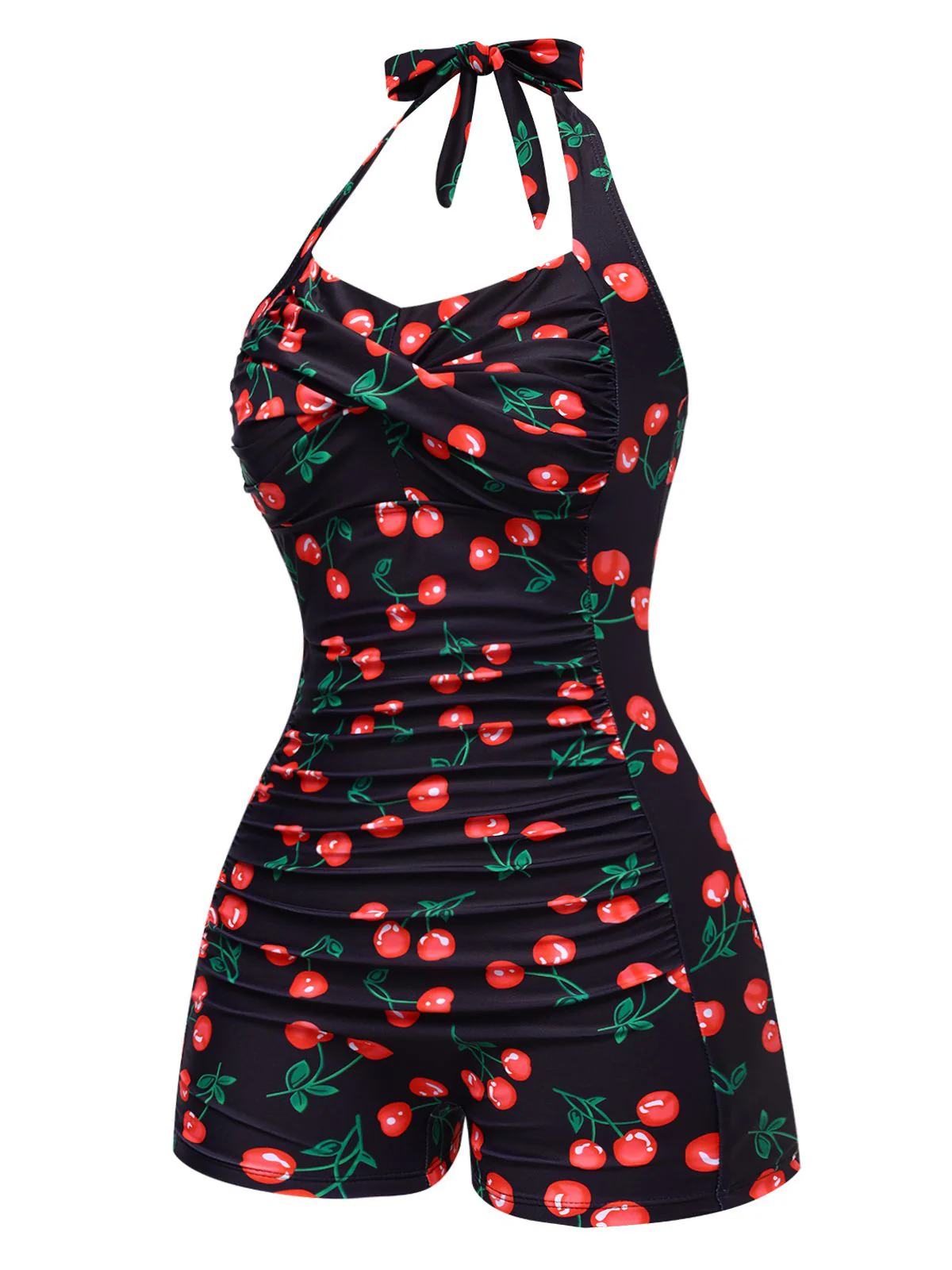 Black 1940s Cherry Halter One-Piece Swimsuit - Image 3