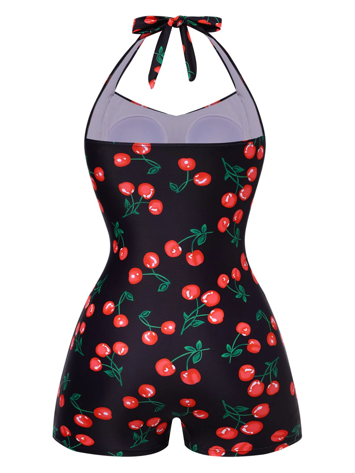 Black 1940s Cherry Halter One-Piece Swimsuit - Image 4