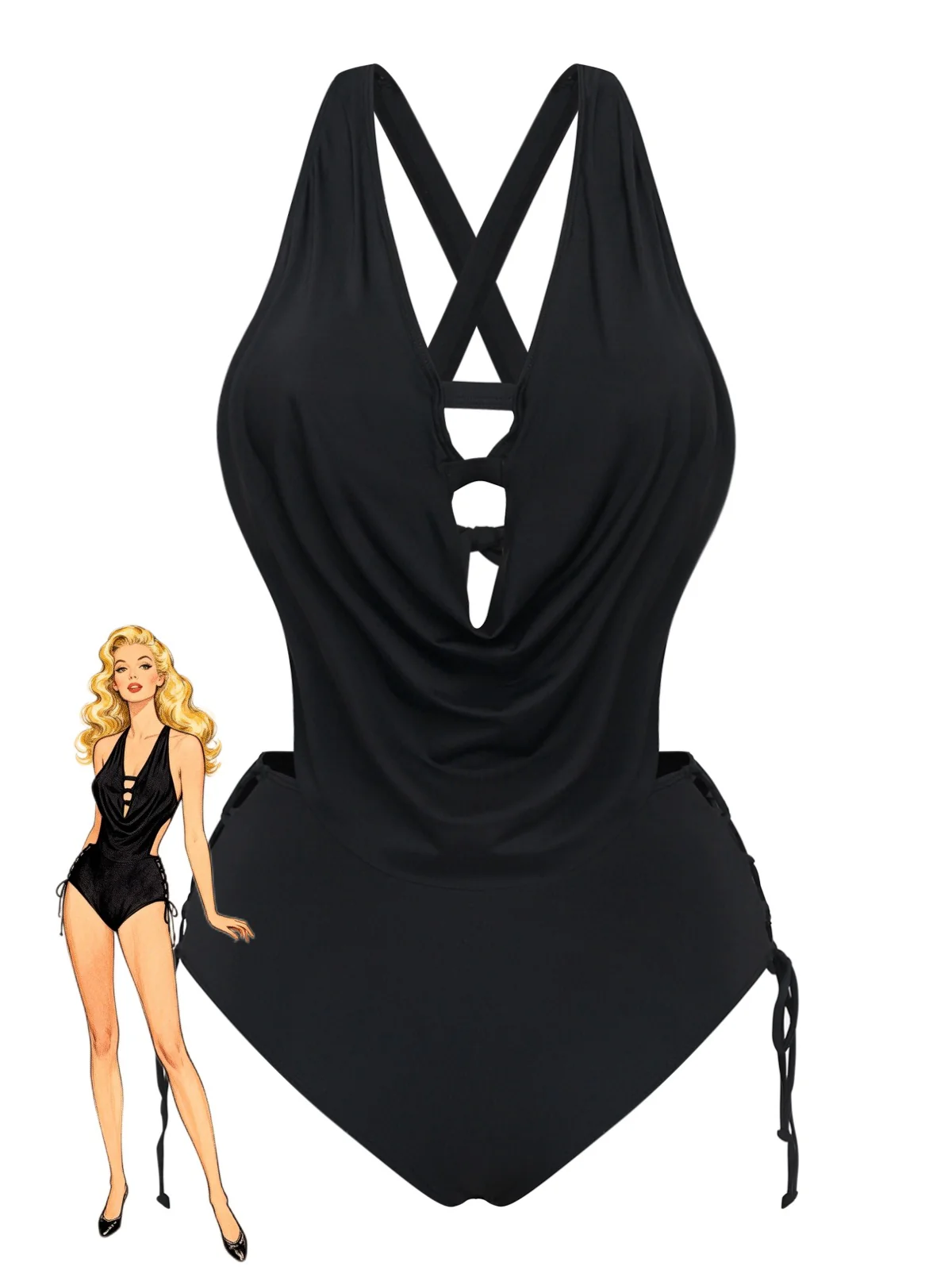 Black 1940s Crisscross Cutout Lace-Up Tankini Set