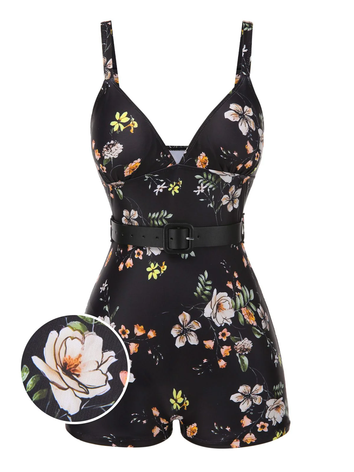 Black 1940s Floral Boxer Straps Swimsuit - Image 4