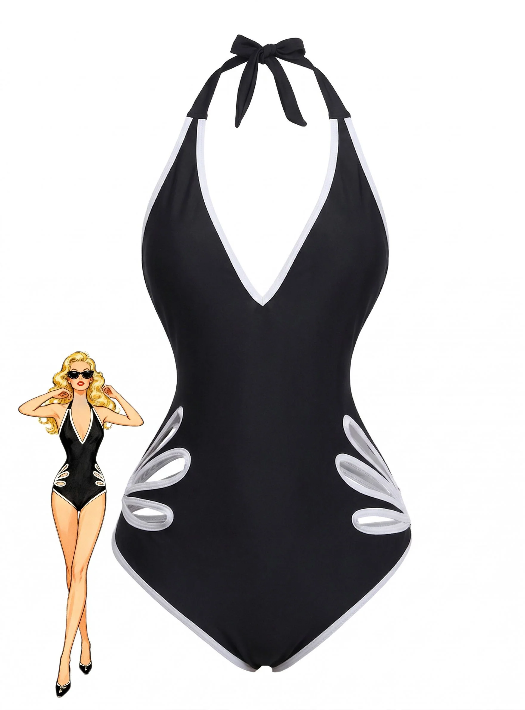 Black 1940s Floral Cut-Out Halter One-Piece Swimsuit