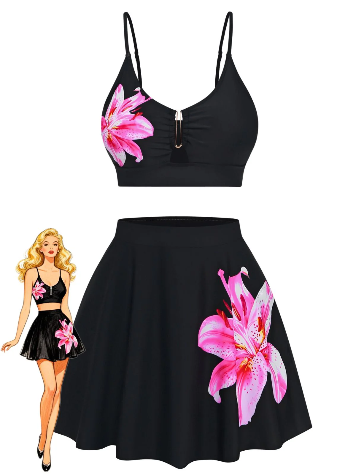 Black 1940s Floral Metal Buckle Tankini Set
