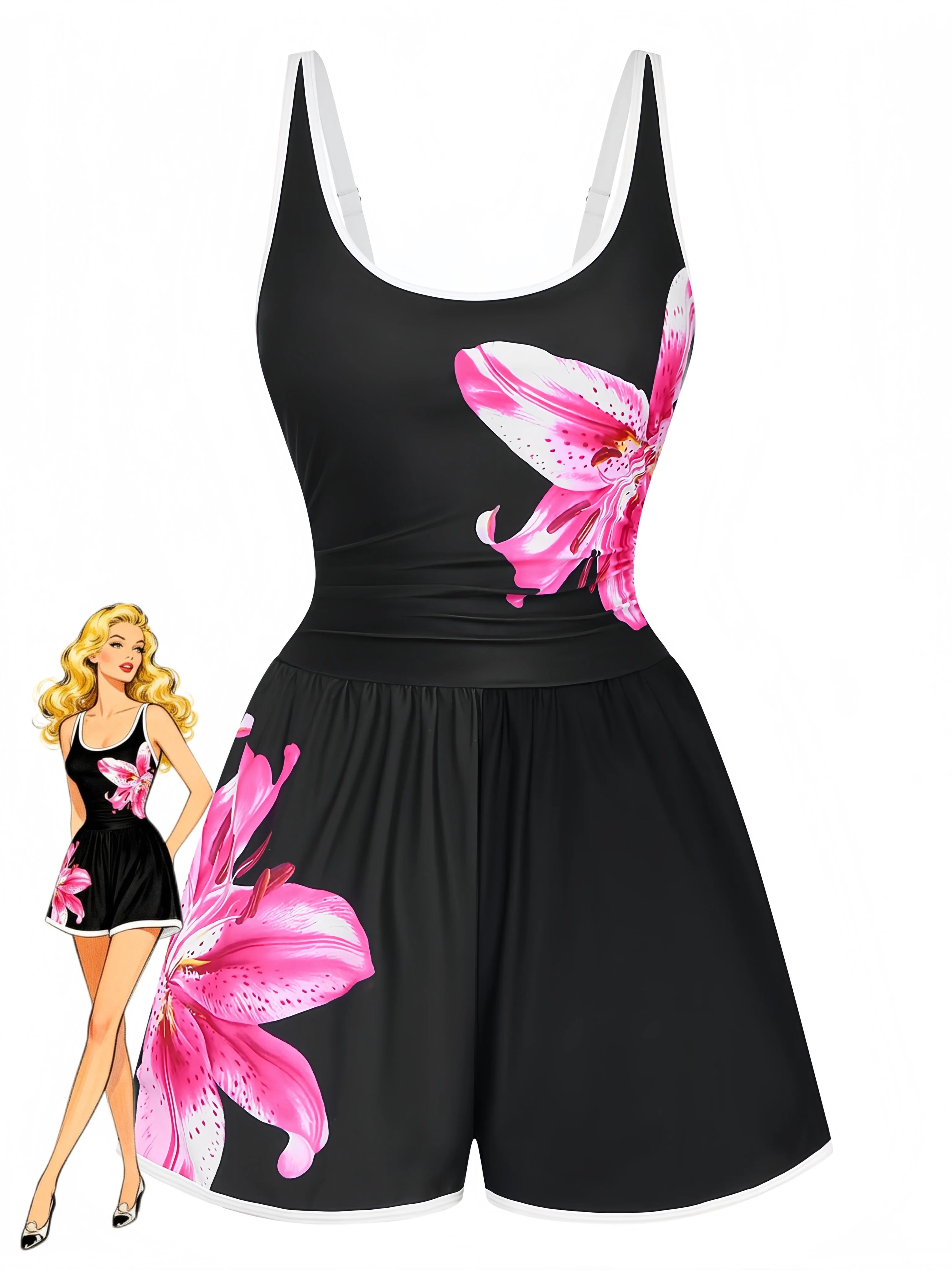 [Pre-Sale] Black 1940s Floral Tankini One-Piece Swimsuit