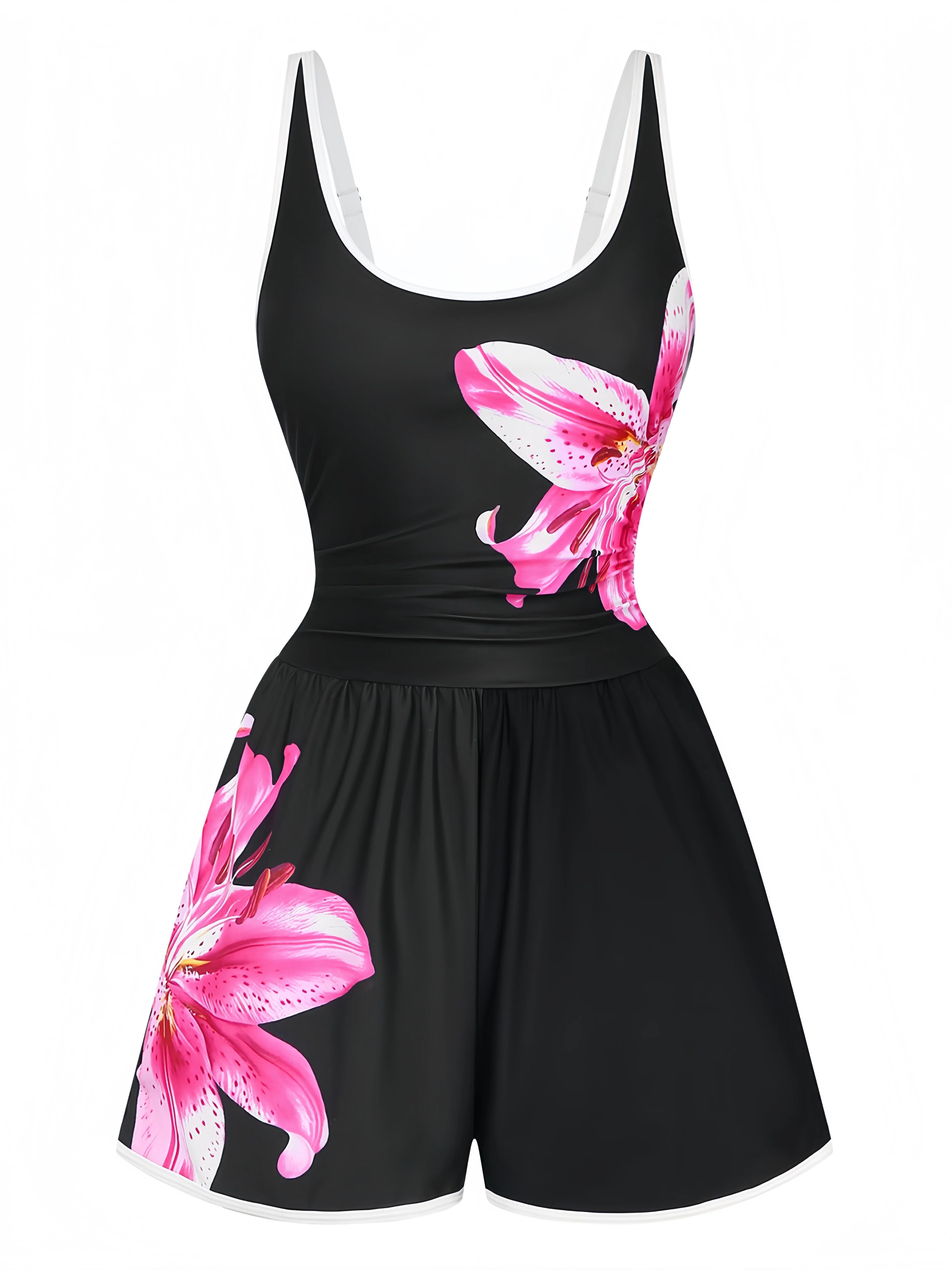 [Pre-Sale] Black 1940s Floral Tankini One-Piece Swimsuit - Image 2