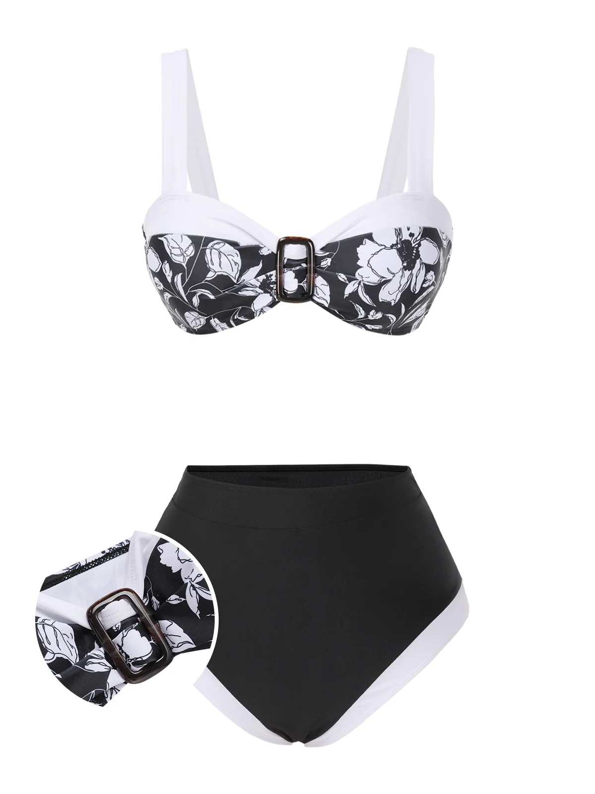 Black 1940s Hepburn Silhouette Floral Bikini Set