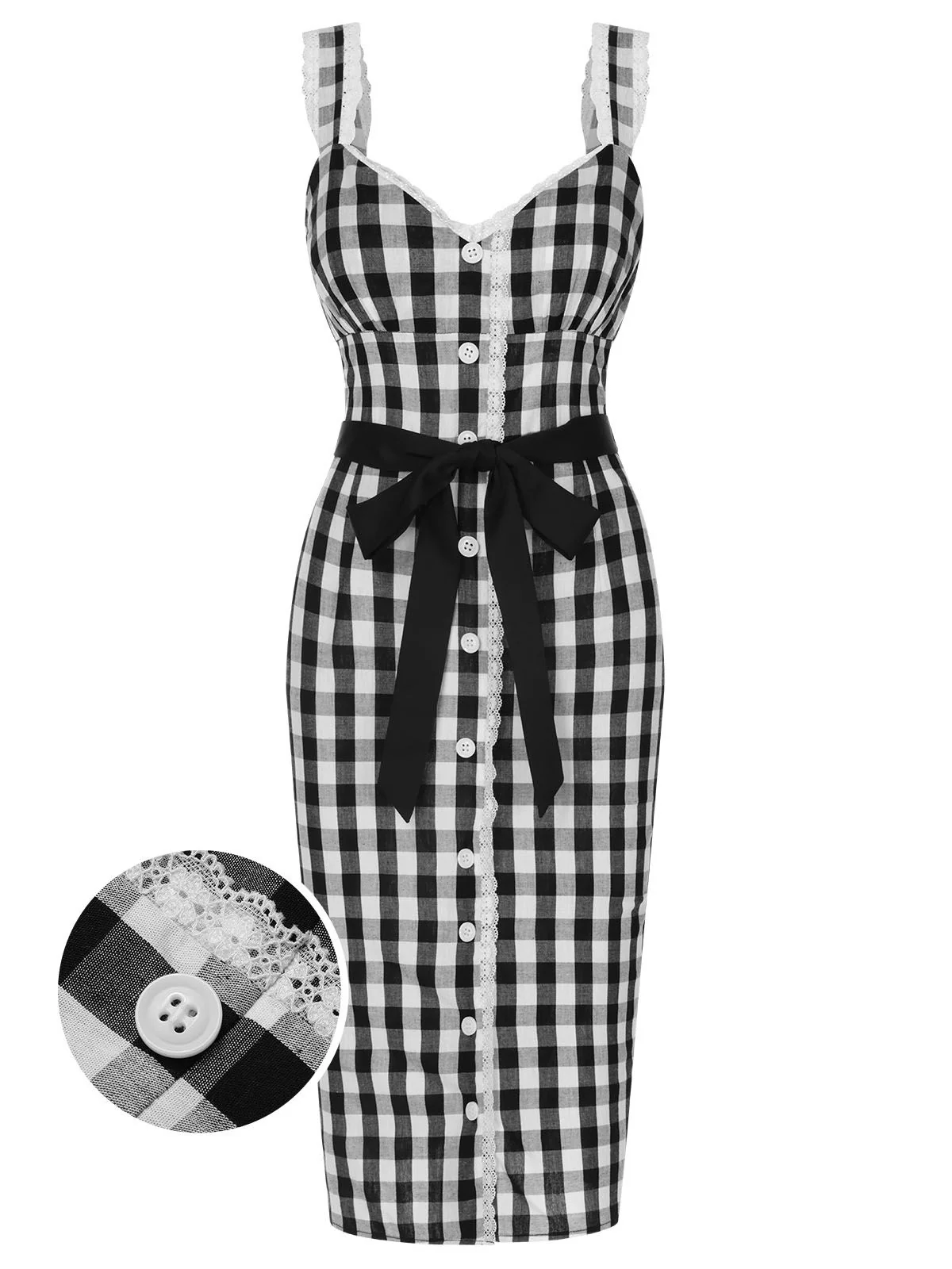Black 1960s Lace Trim Gingham Bow Dress
