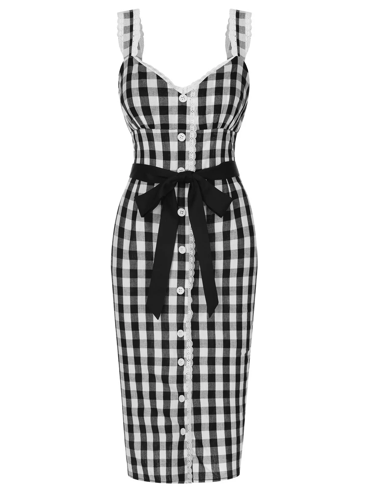 Black 1960s Lace Trim Gingham Bow Dress - Image 2