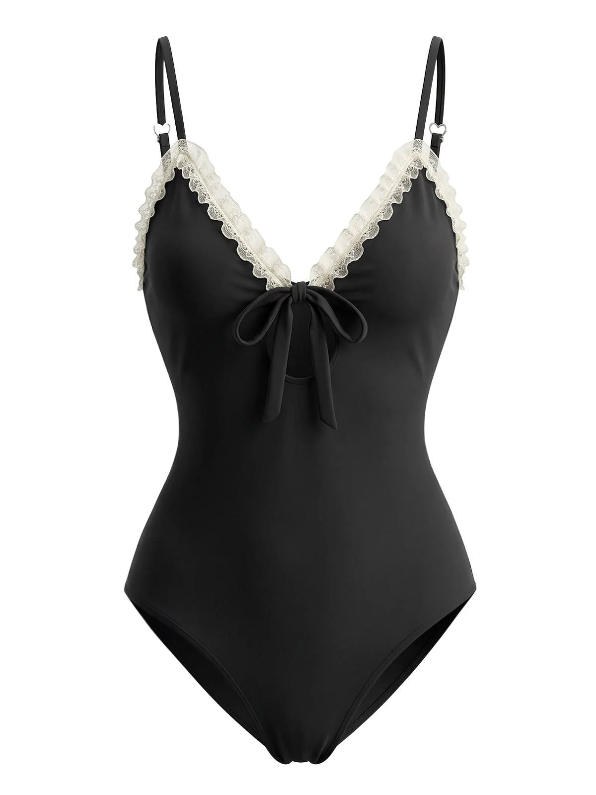 Black 1940s Lace Trim Tie Front One-Piece Swimsuit - Image 2