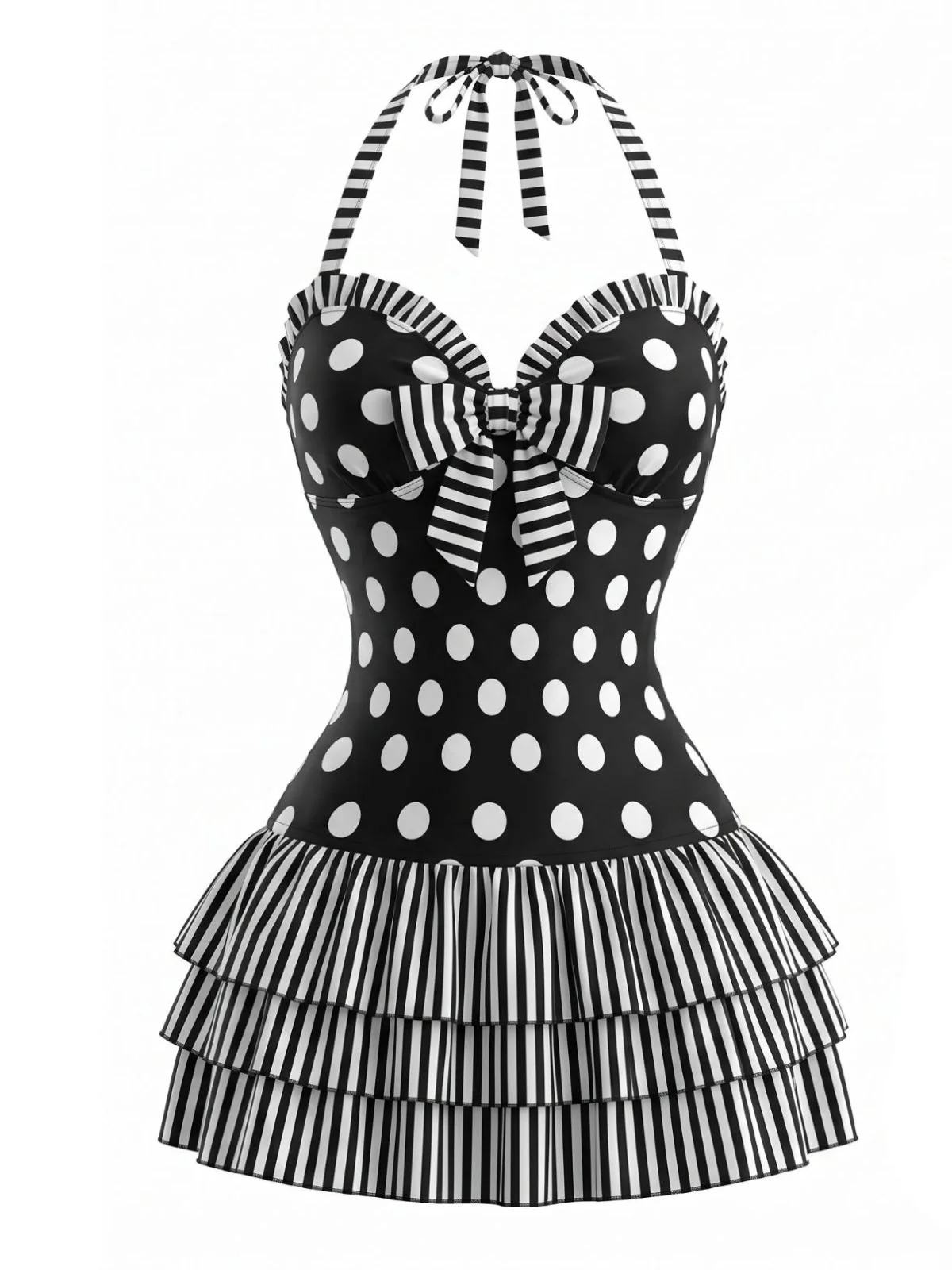 [Pre-Sale] Black 1940s Polka Dot Bow Halter One-Piece Swimdress