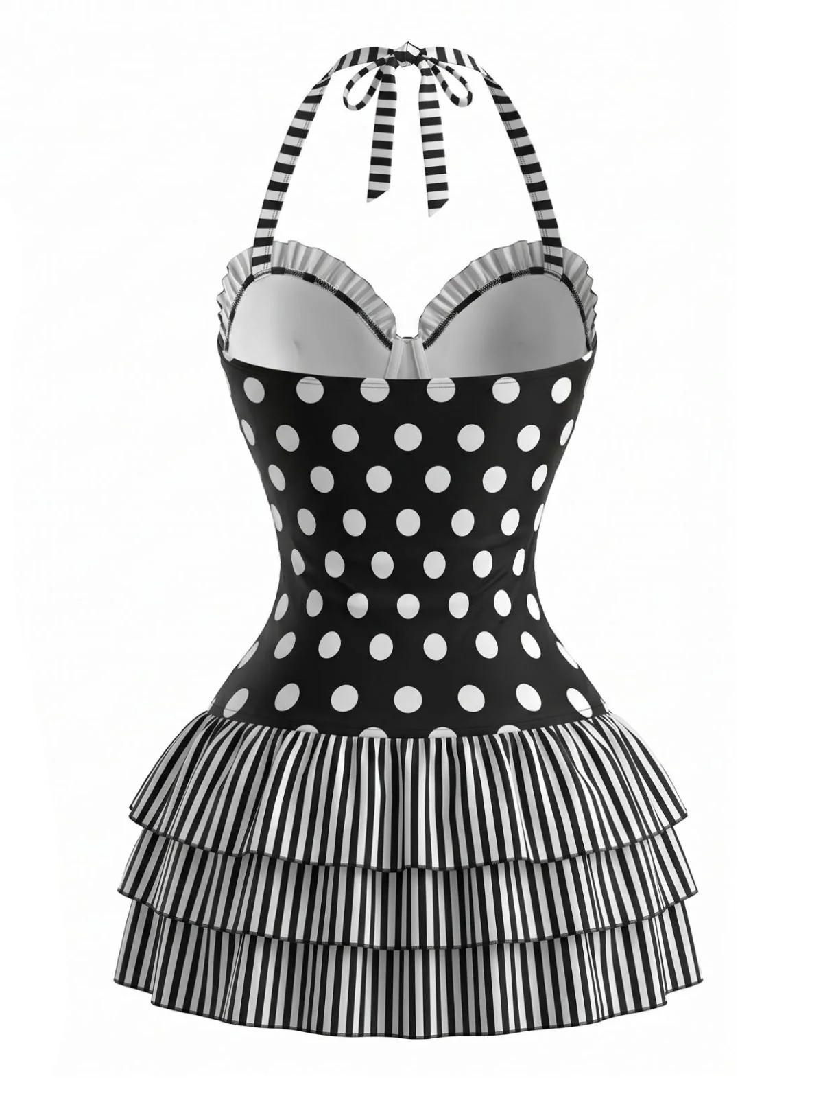 [Pre-Sale] Black 1940s Polka Dot Bow Halter One-Piece Swimdress - Image 2