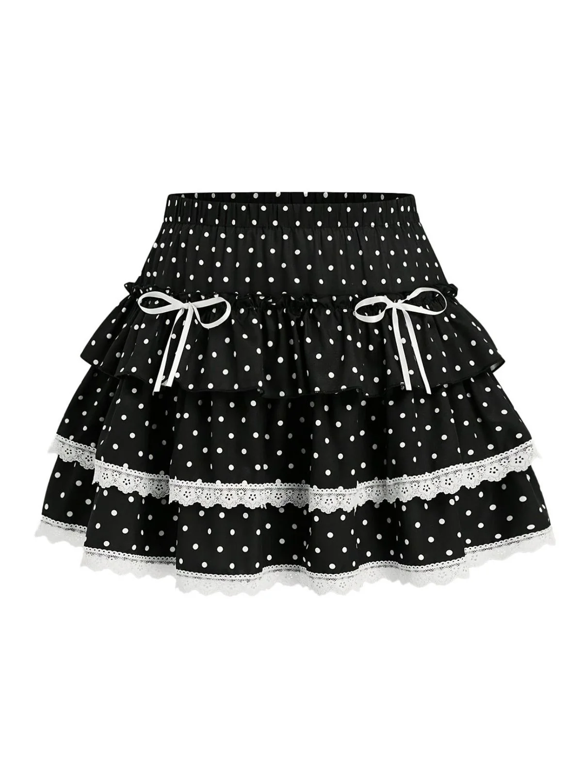 Black 1960s Polka Dot Lace Ruffle Mini Skirt