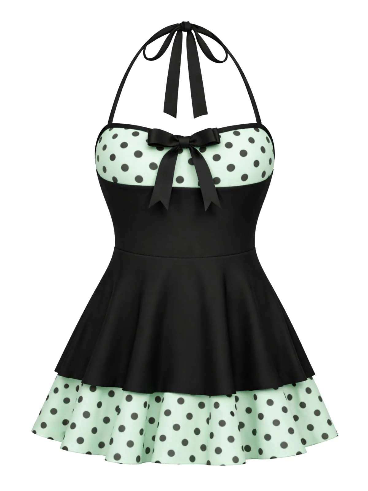 Black 1940s Polka Dots Patchwork Halter Swimdress