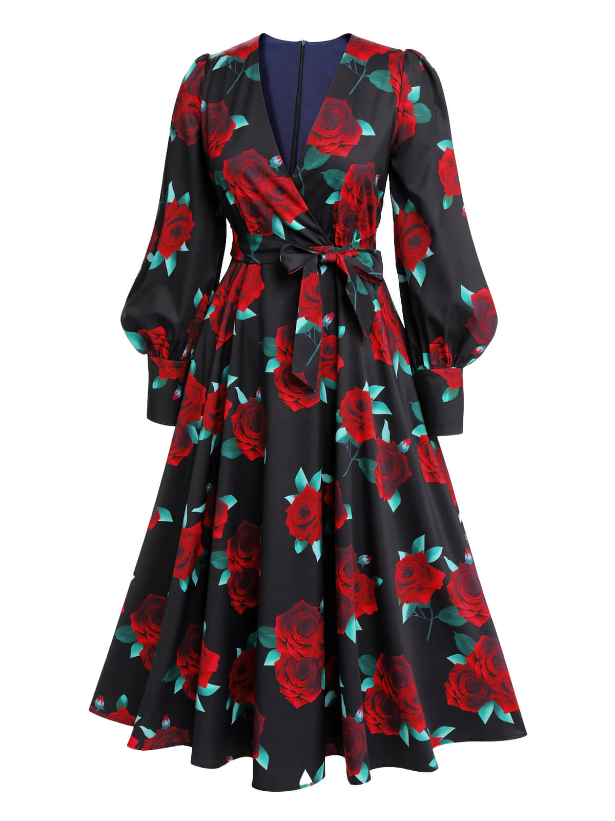 Black 1940s Rose Lantern Sleeve Lace-Up Dress - Image 3