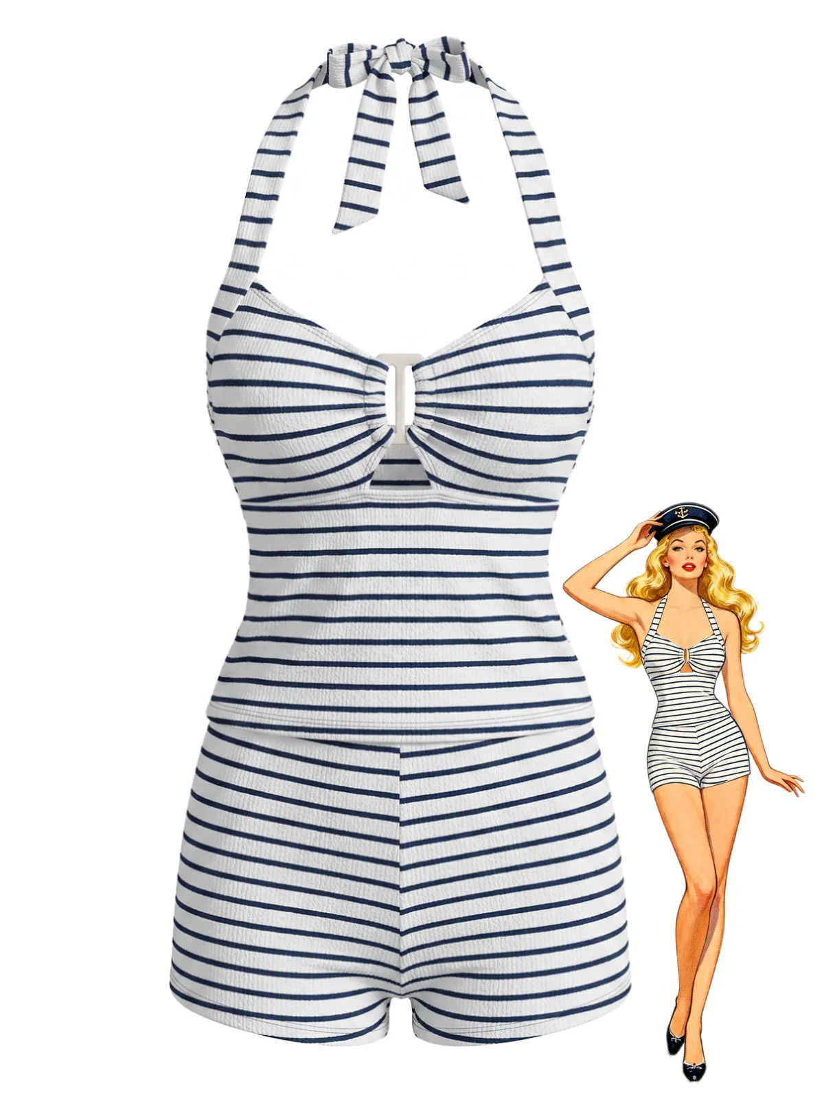 Black 1940s Striped Hollow Textured Halter Tankini Set