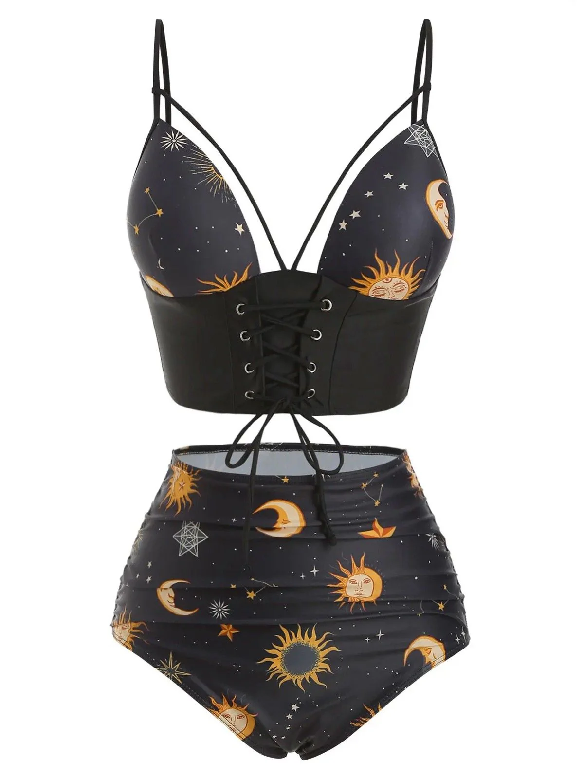 Black 1940s Sun Moon Stars Lace-Up Swimsuit - Image 2
