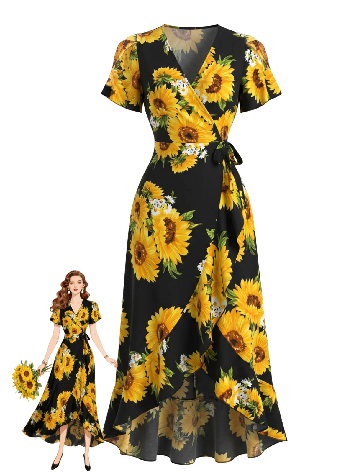 Black 1940s Sunflower Floral Wrap V Neck Midi Dress