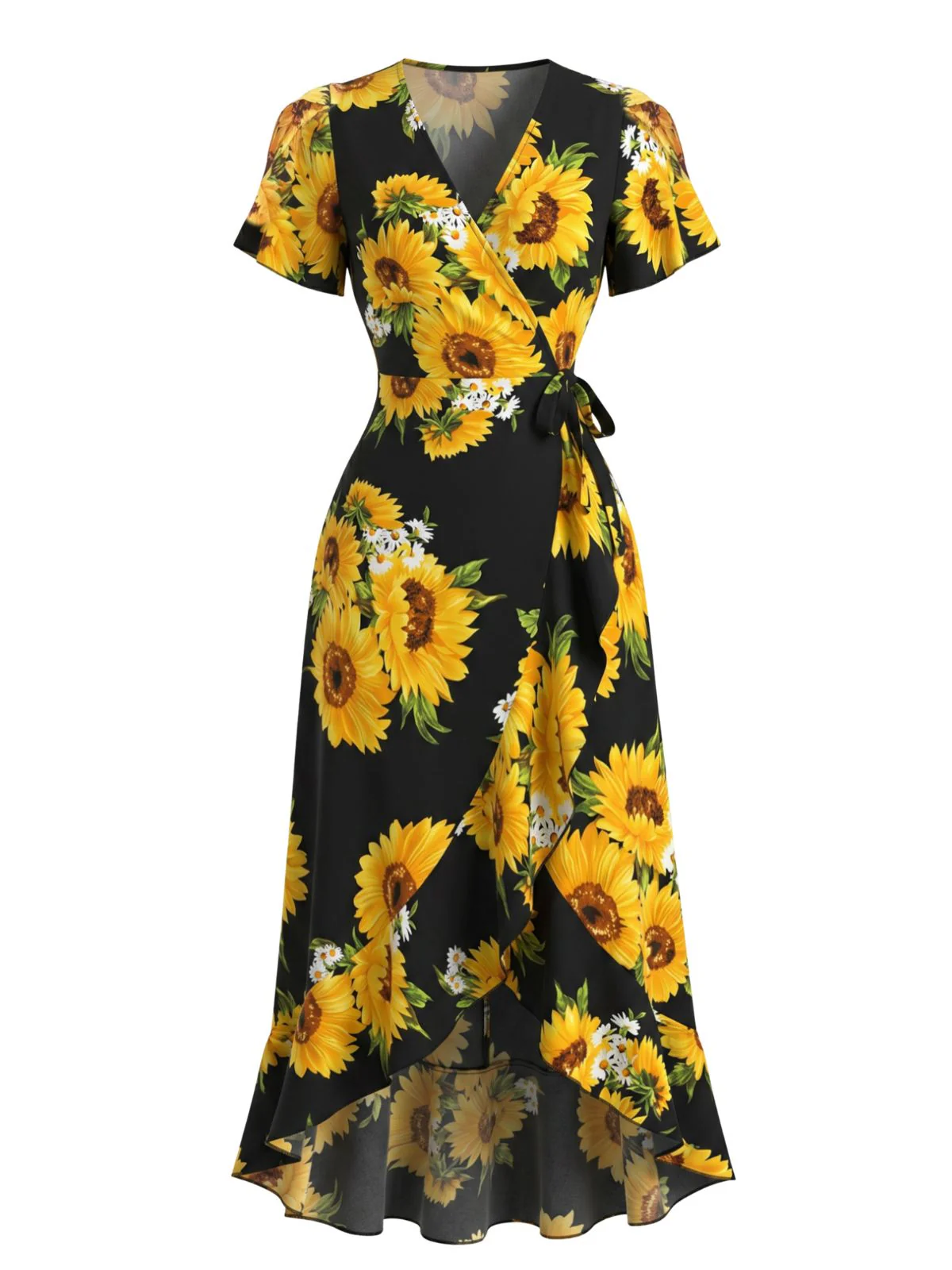 Black 1940s Sunflower Floral Wrap V Neck Midi Dress - Image 2