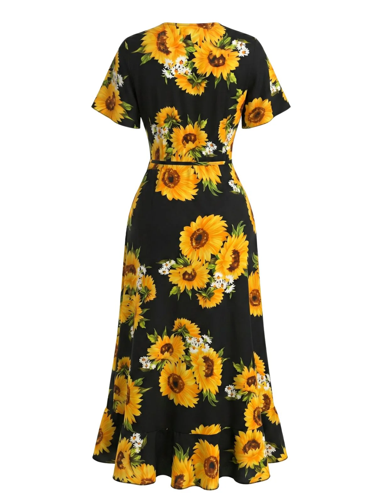Black 1940s Sunflower Floral Wrap V Neck Midi Dress - Image 3