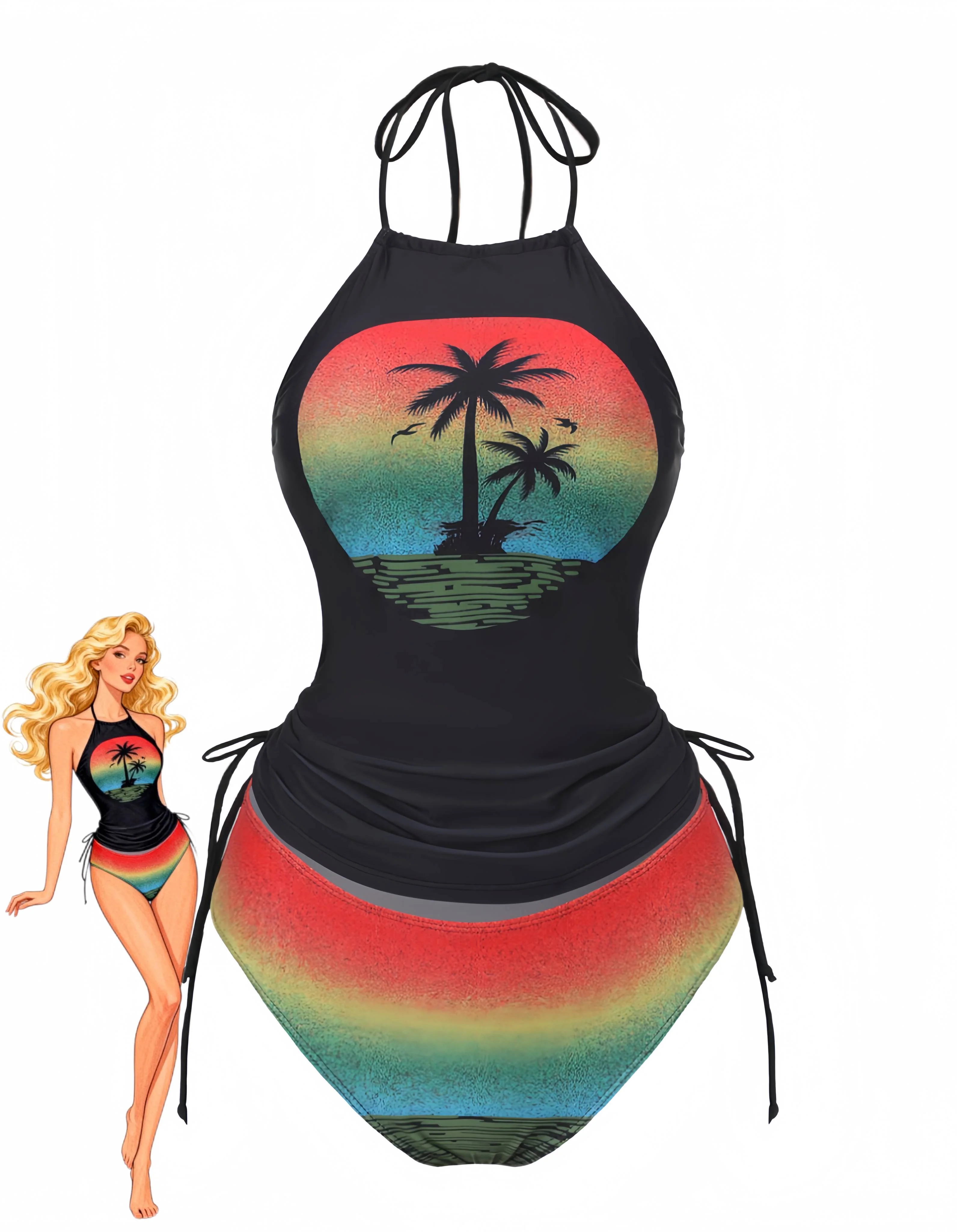 Black 1940s Sunset Palm Tree Tie-Dye Tankinis Swimsuit
