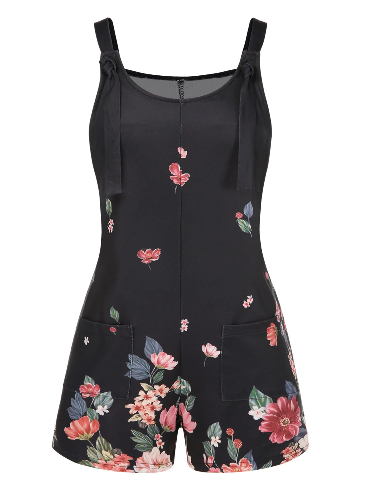 Black 1950s Adjustable Straps Floral Romper