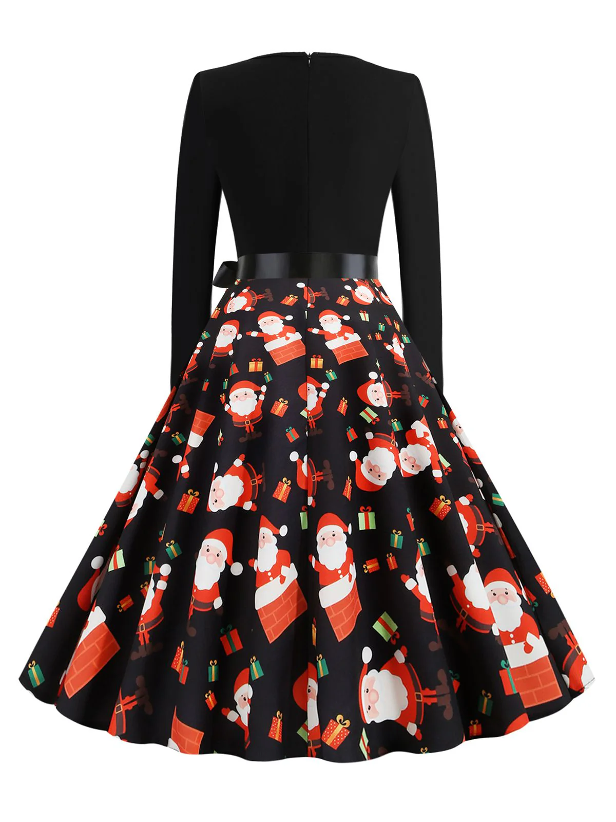 Black 1950s Christmas V-Neck Santa Claus Dress - Image 3