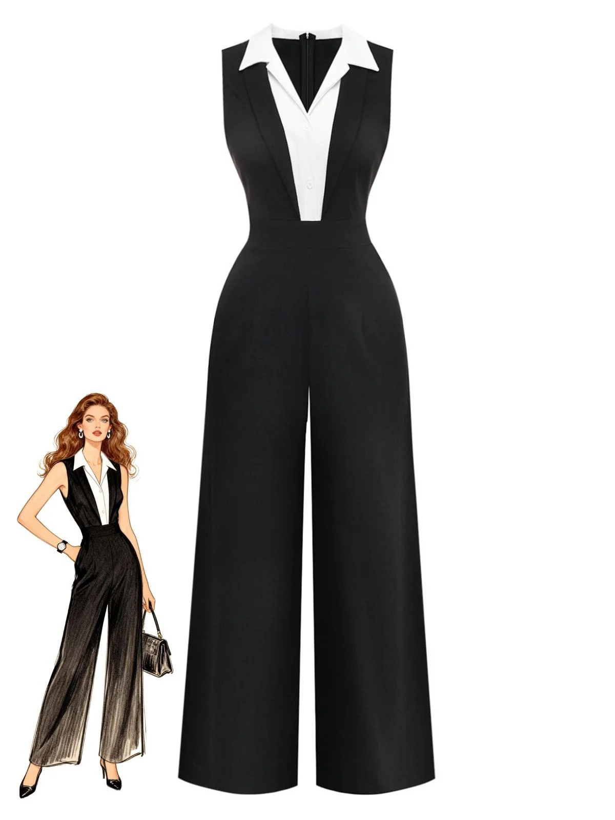 Black 1950s Colorblock Sleeveless Wide-Leg Jumpsuit