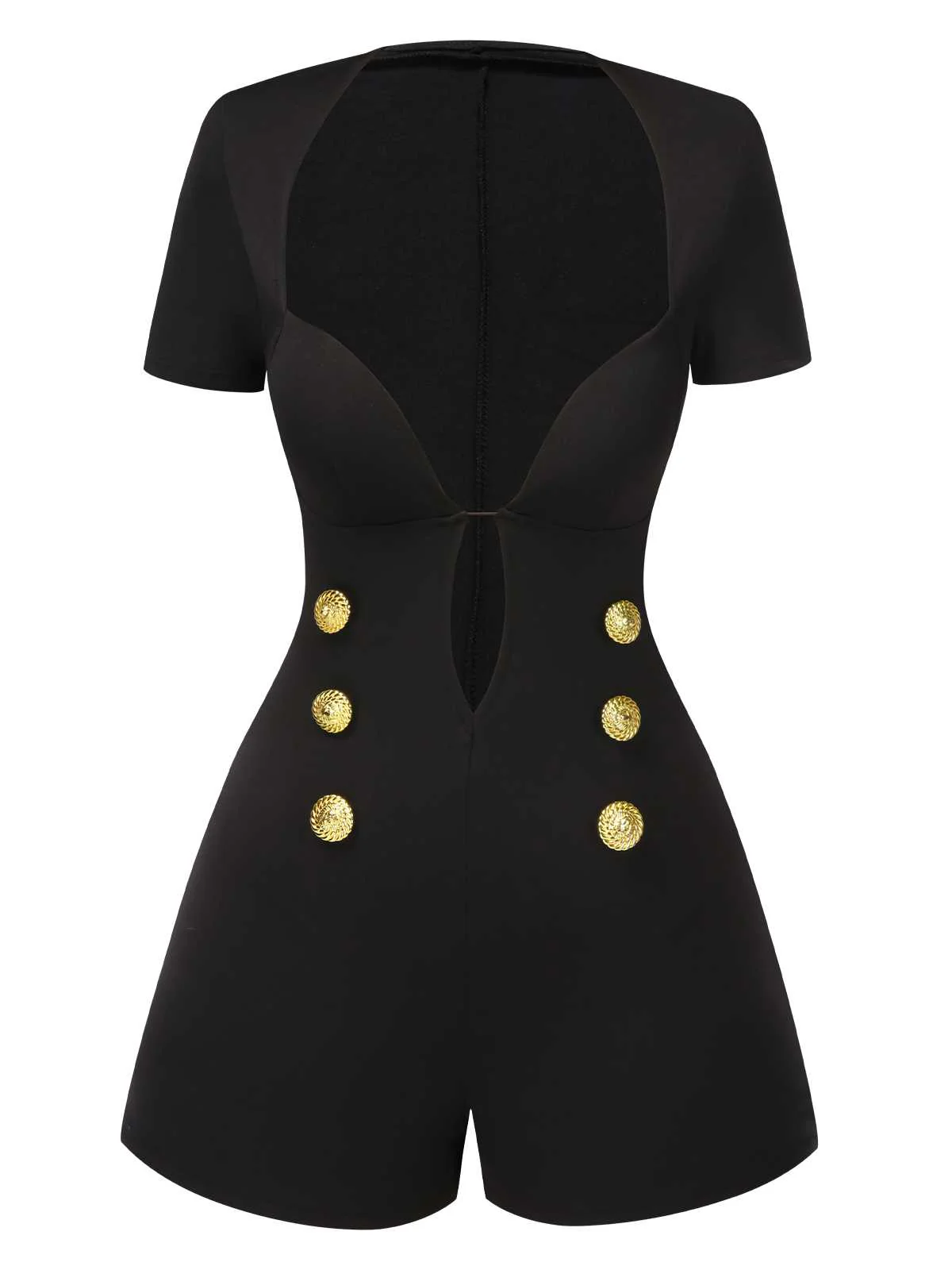 Black 1950s Cut-Out Buttoned Solid Romper