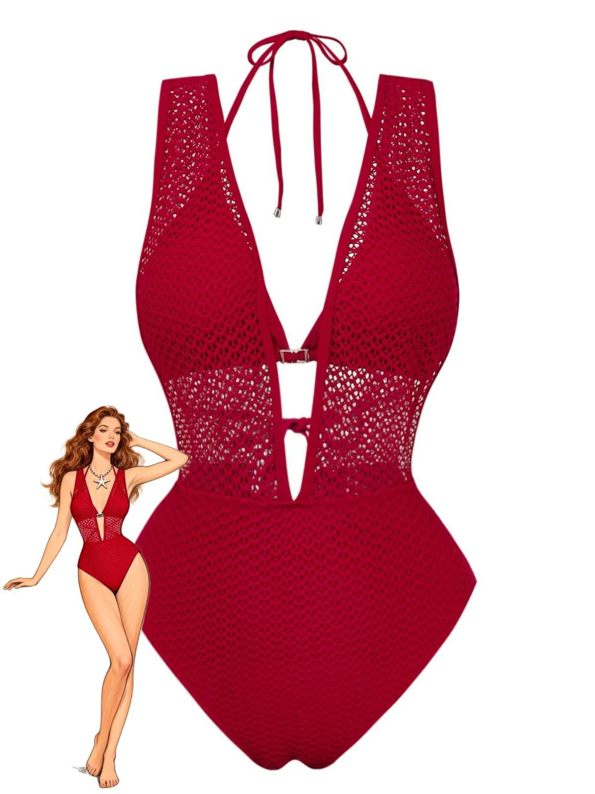 Black 1950s Deep V-Neck Crochet Mesh Halter Swimsuit Set - Image 4