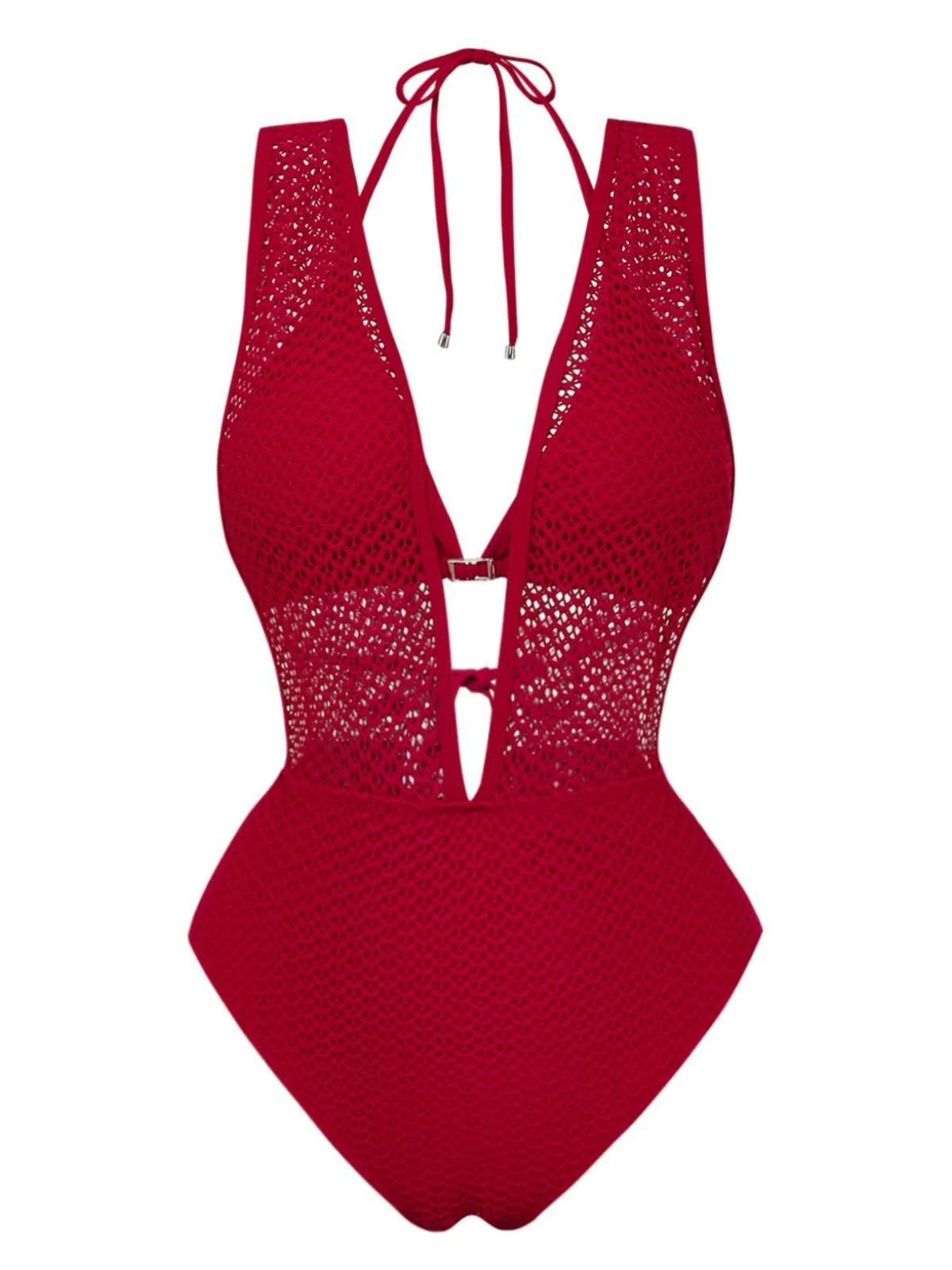 Black 1950s Deep V-Neck Crochet Mesh Halter Swimsuit Set - Image 5