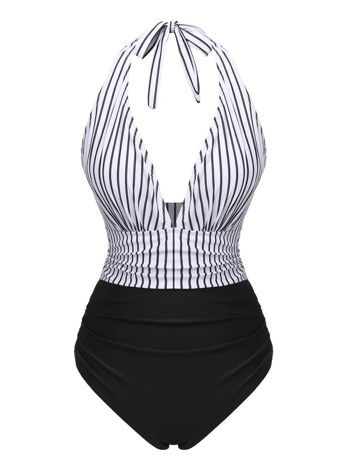 Black 1950s Deep V-Neck Stripe Swimsuit
