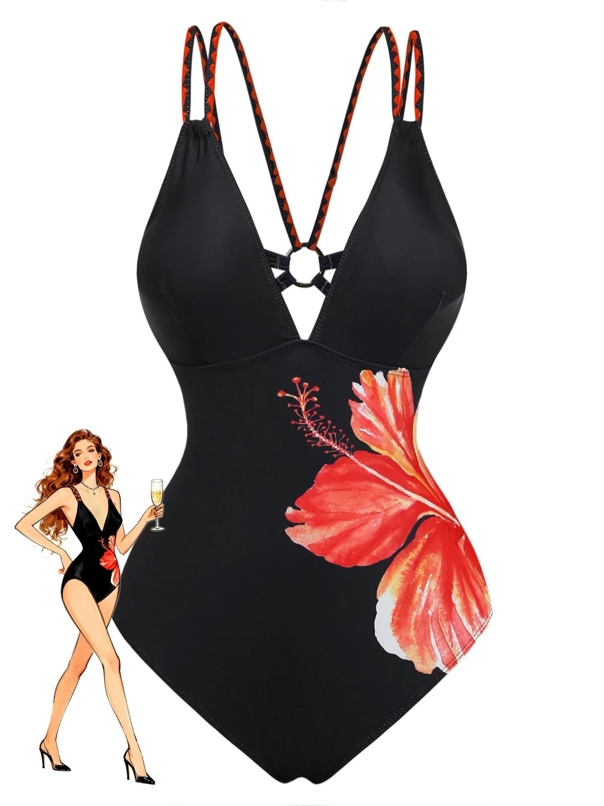 Black 1950s Floral Deep V Double Strap One-Piece Swimsuit