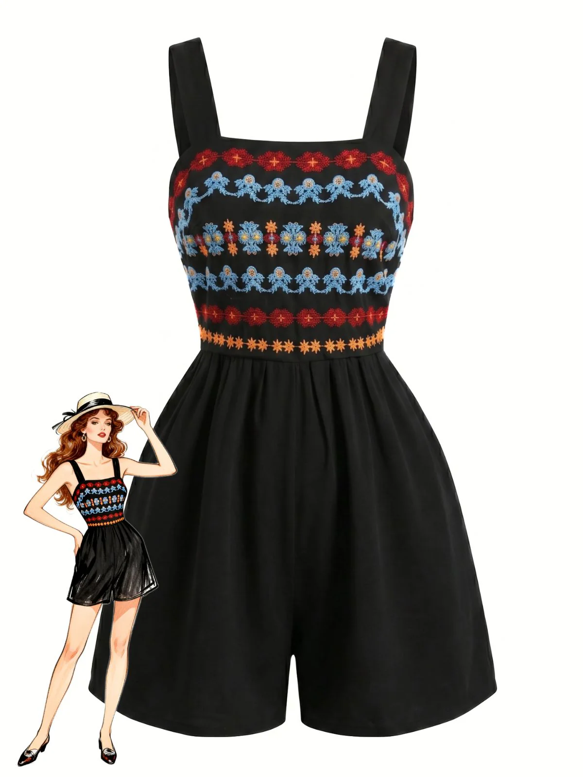 Black 1950s Floral Embroidered Square Neck Smocked Romper