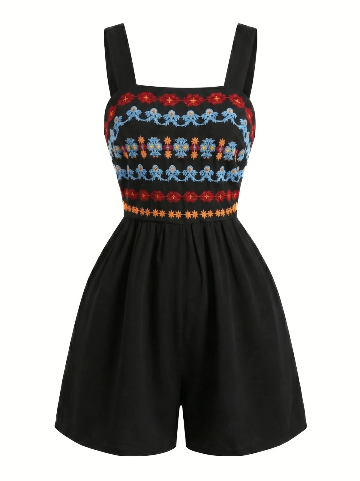 Black 1950s Floral Embroidered Square Neck Smocked Romper - Image 2
