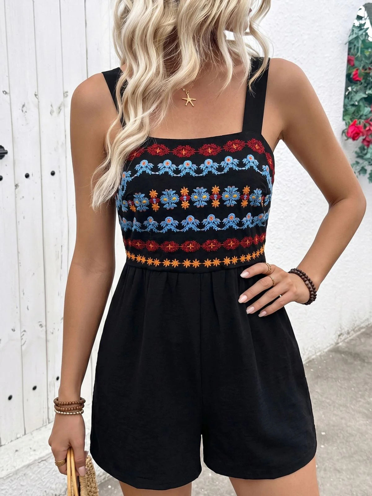 Black 1950s Floral Embroidered Square Neck Smocked Romper - Image 3