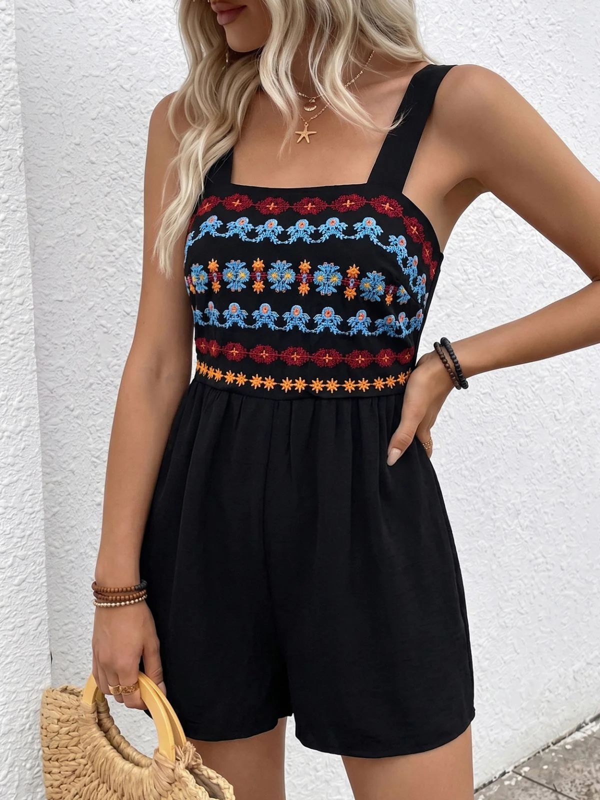 Black 1950s Floral Embroidered Square Neck Smocked Romper - Image 4
