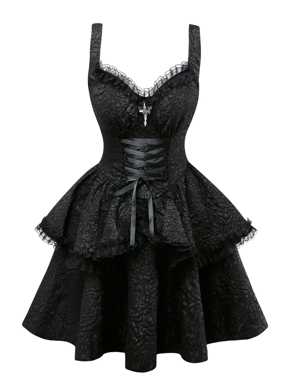 Black 1950s Gothic Lace Panel Bow Tie Lace-up Dress