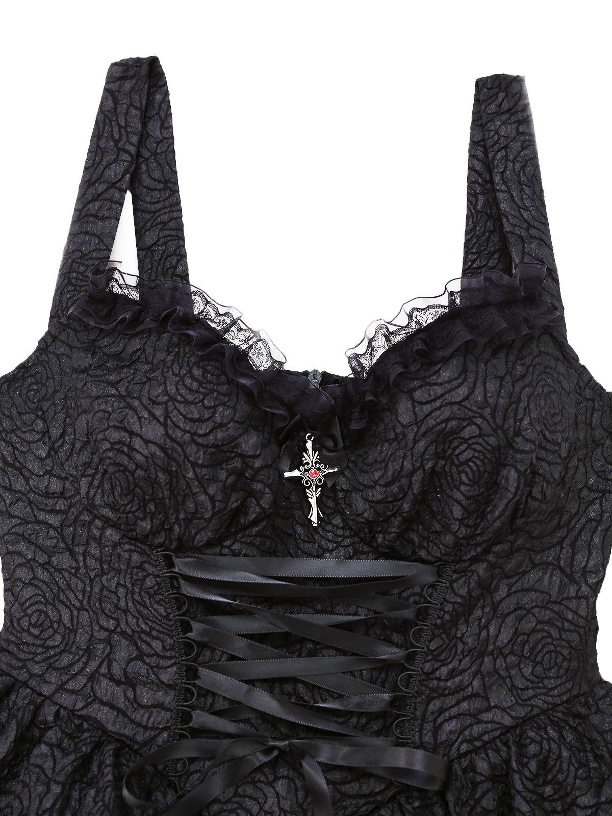 Black 1950s Gothic Lace Panel Bow Tie Lace-up Dress - Image 3